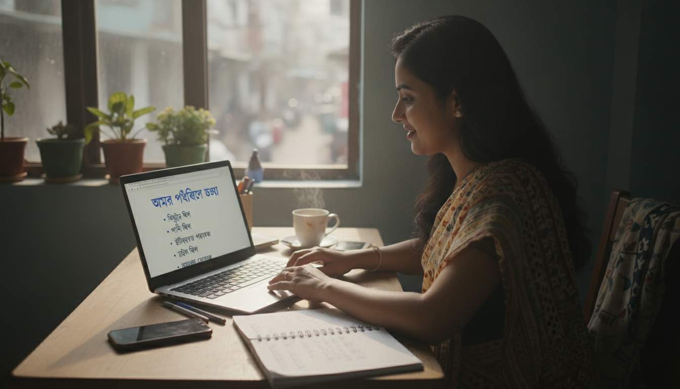 Bangladeshi woman reviewing platform information at a desk
