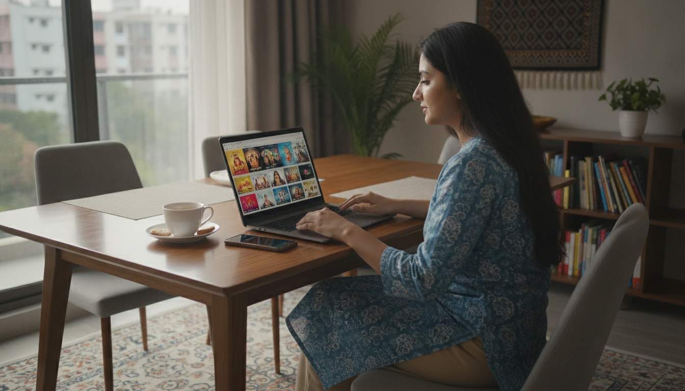 Bangladeshi woman browsing entertainment choices on a laptop