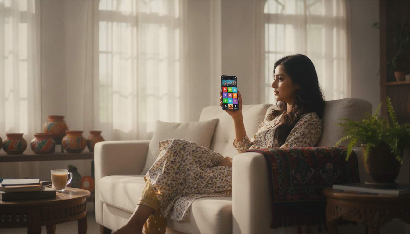 Bangladeshi woman browsing colorful entertainment options on her smartphone