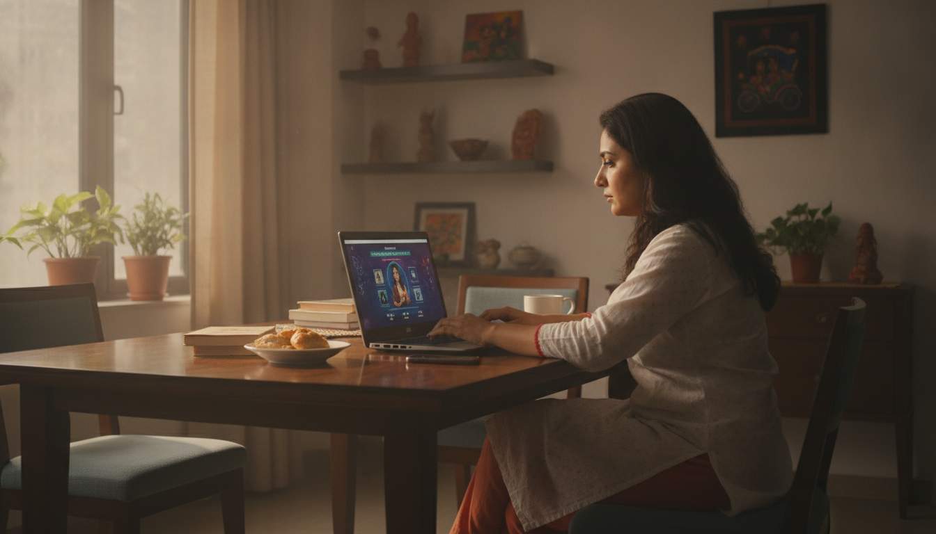 Bangladeshi woman viewing an interactive entertainment broadcast on a laptop