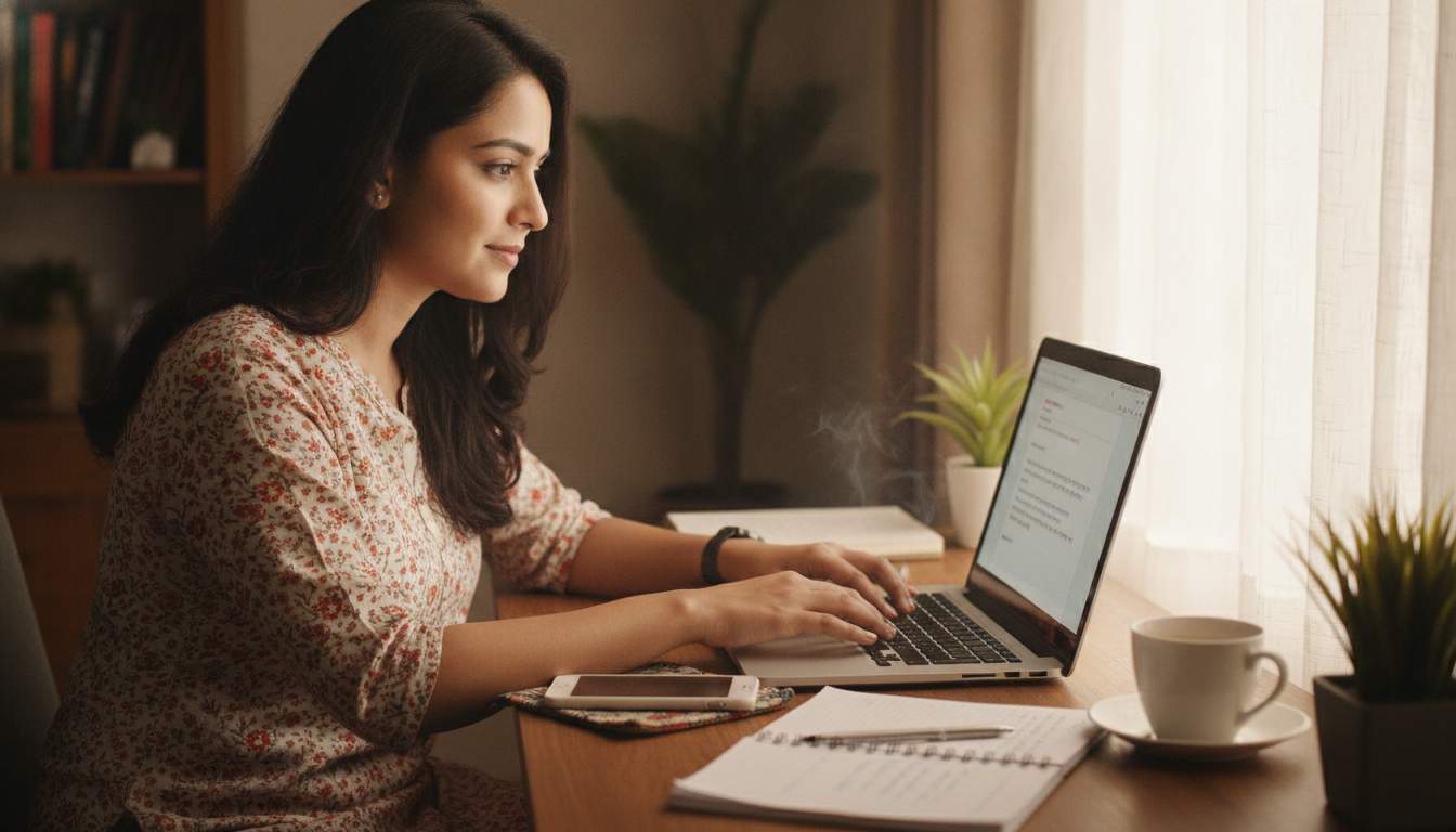 Bangladeshi woman contacting online support from her laptop