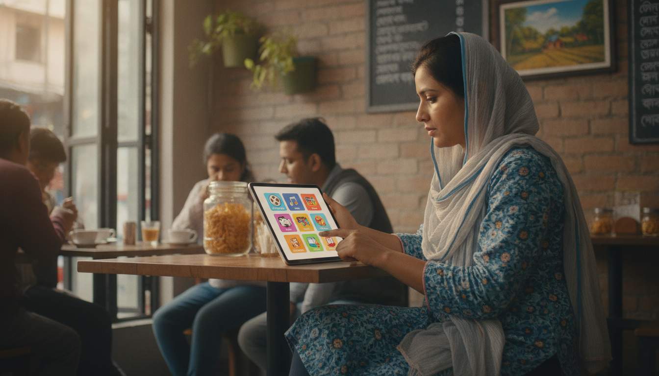 Bangladeshi woman comparing digital entertainment categories on a tablet