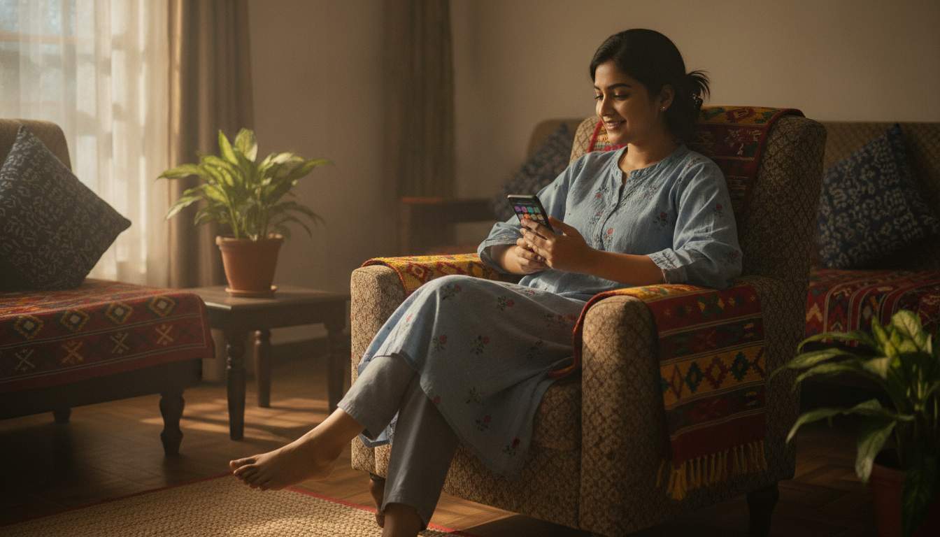 Bangladeshi woman browsing the C880 game selection on her phone at home