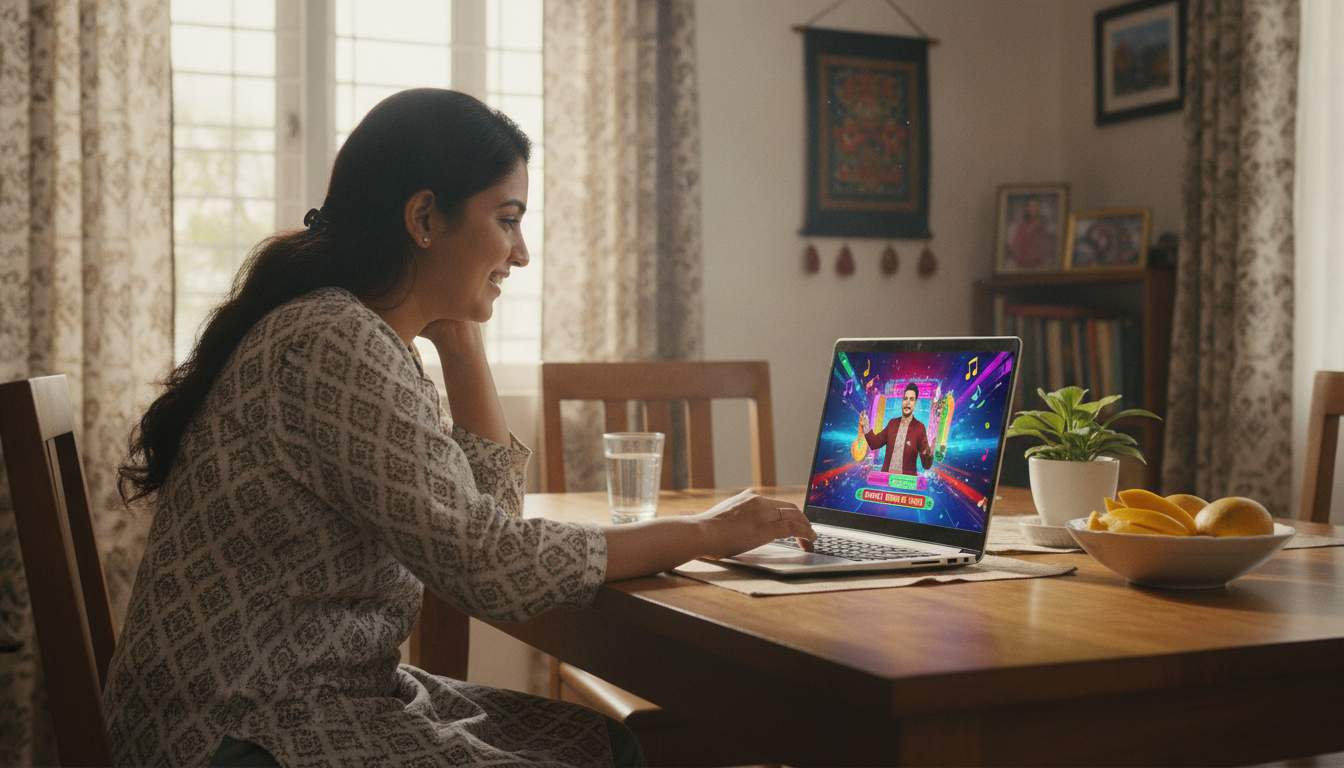 Bangladeshi woman watching an interactive live entertainment session on a laptop