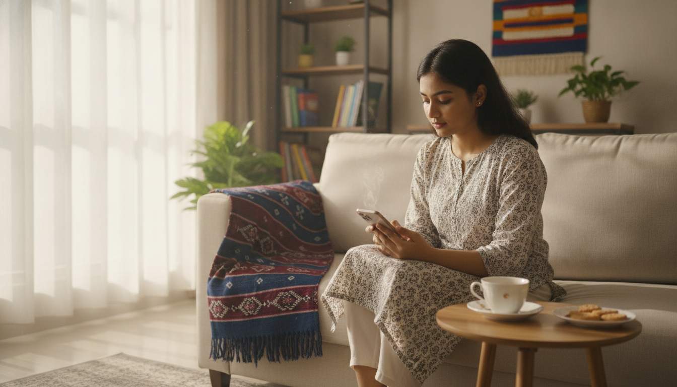 Bangladeshi woman using a smartphone at home while exploring C880