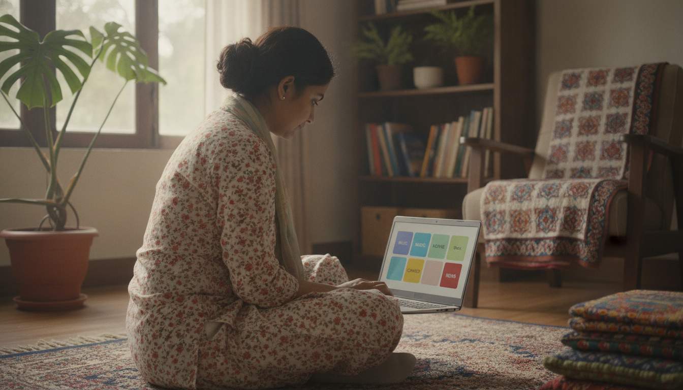 Bangladeshi woman browsing entertainment categories on a laptop