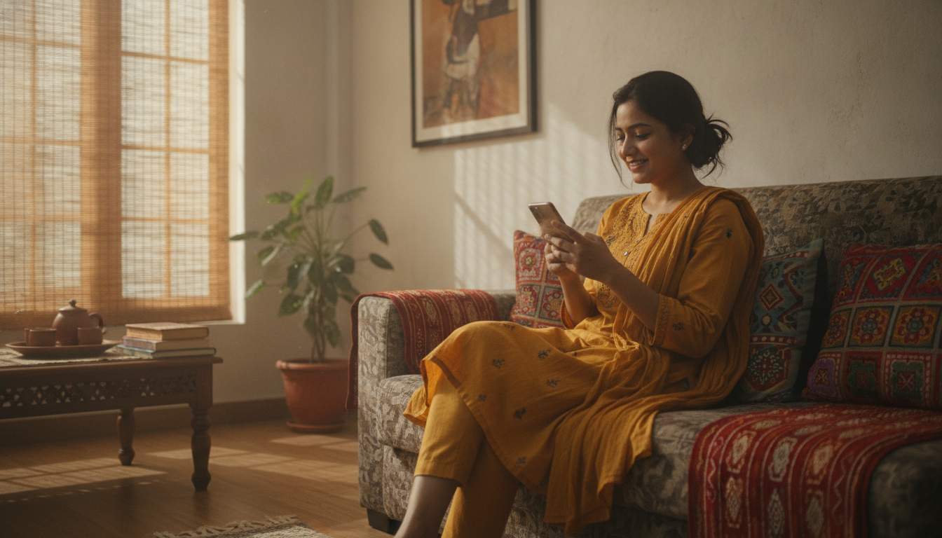 Bangladeshi woman using her phone in a comfortable home setting