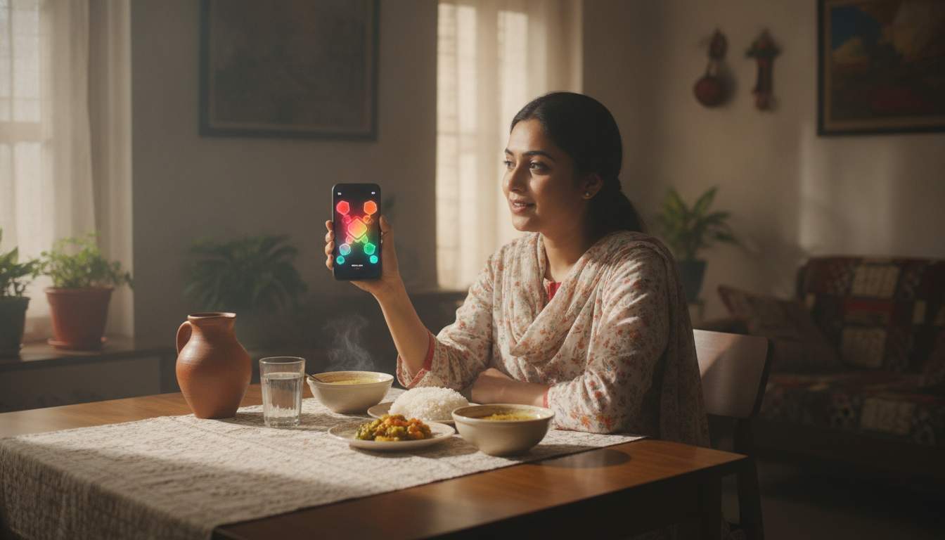 Bangladeshi woman reviewing a reload reward at home