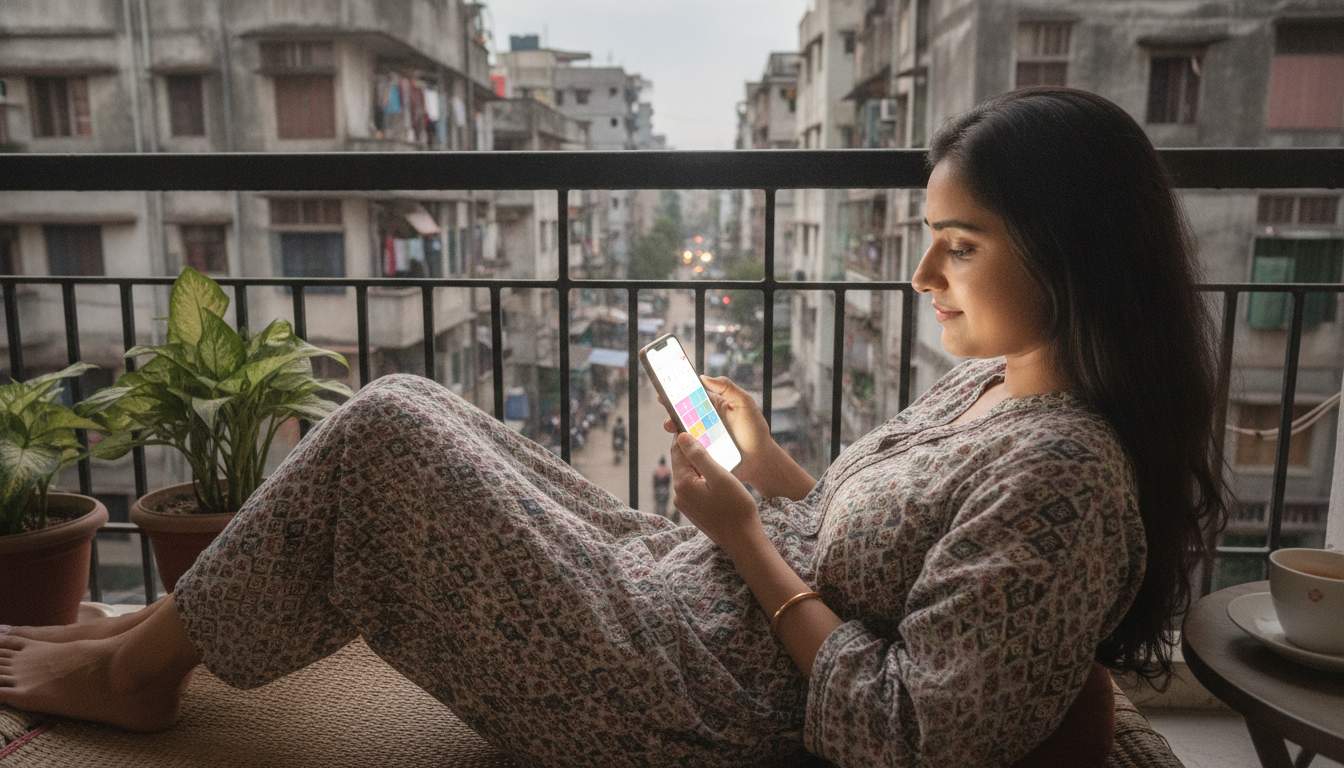 Bangladeshi woman viewing weekly special offers on a mobile device