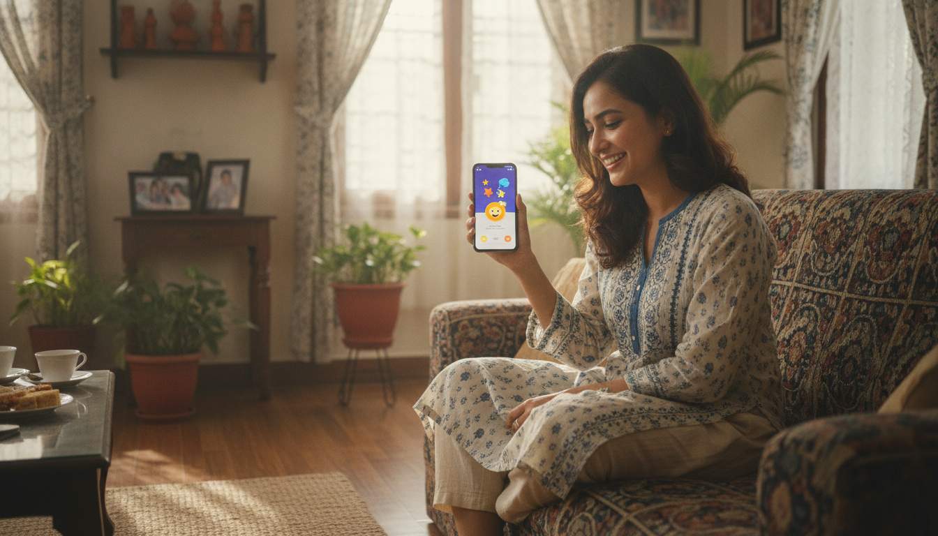 Bangladeshi woman checking a welcome reward on her phone
