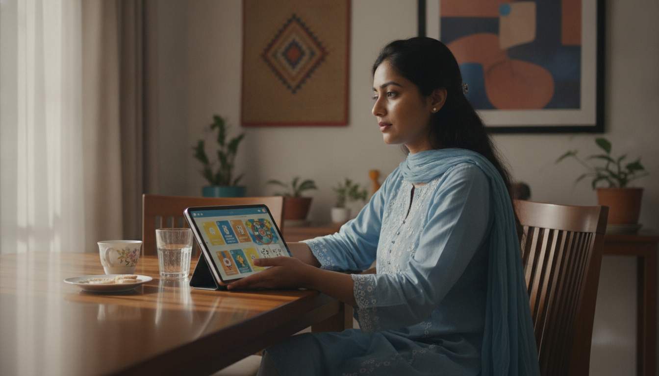 Bangladeshi woman reviewing classic table options on a tablet in a relaxed home setting