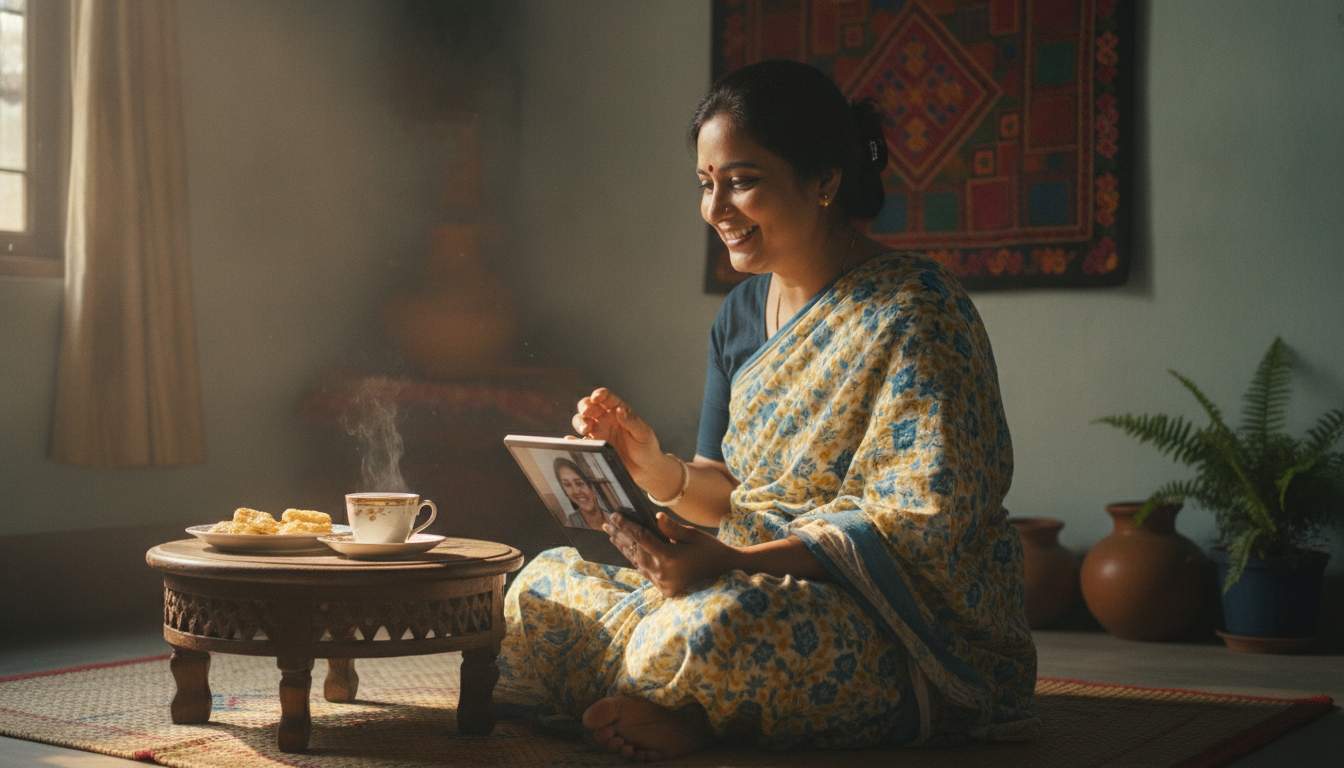 Bangladeshi woman joining a friendly live video session from home