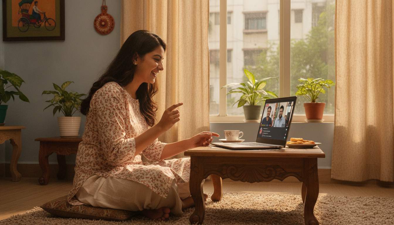 Bangladeshi woman watching an interactive live broadcast on her laptop at home