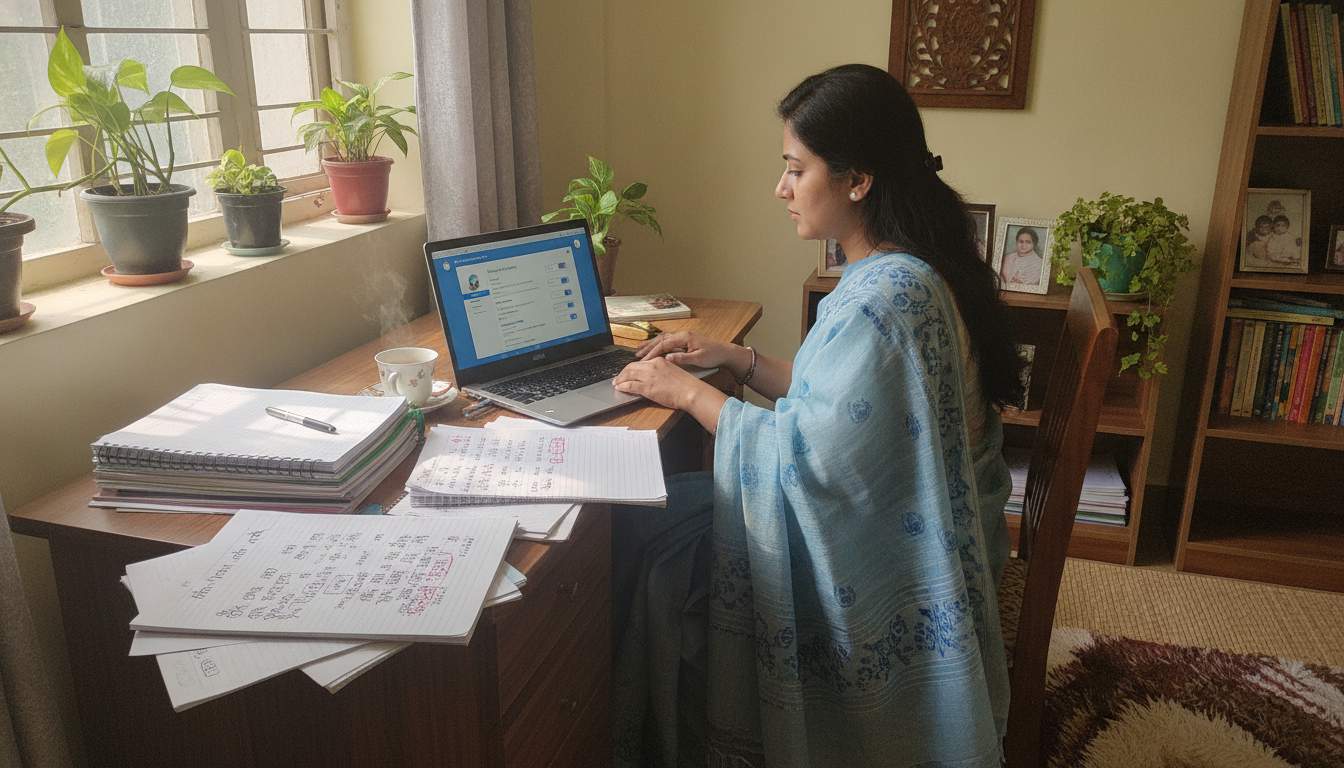 Bangladeshi woman reviewing privacy settings on a laptop