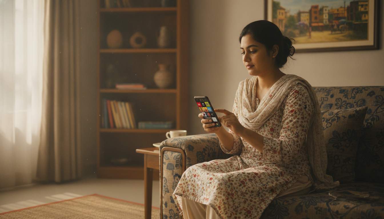 Bangladeshi woman browsing the C880 slot collection on her mobile phone