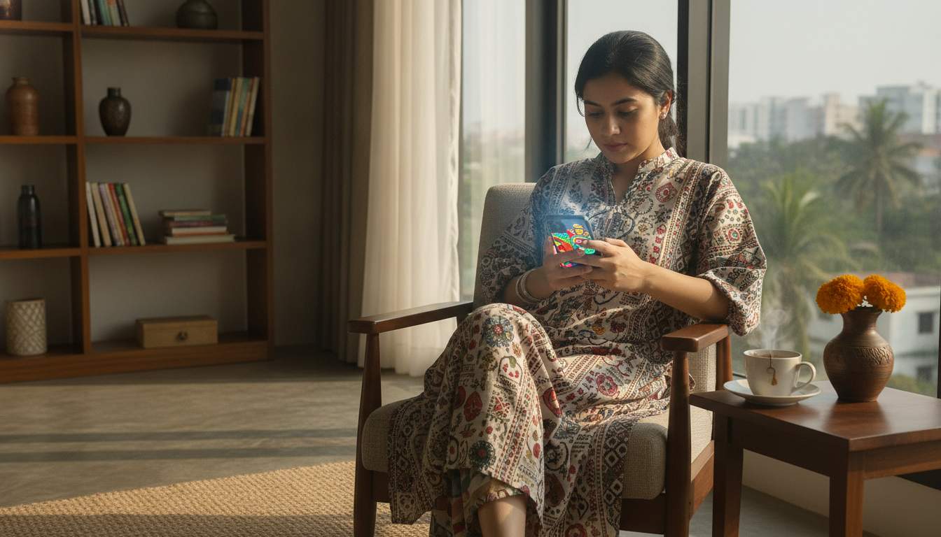 Bangladeshi woman viewing colorful digital themes on her phone