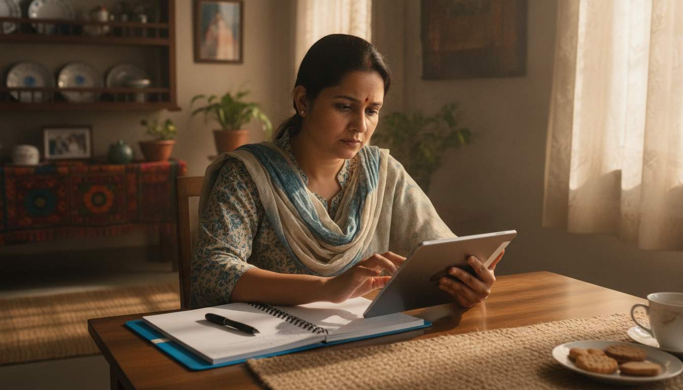 Bangladeshi woman reading service terms on a tablet